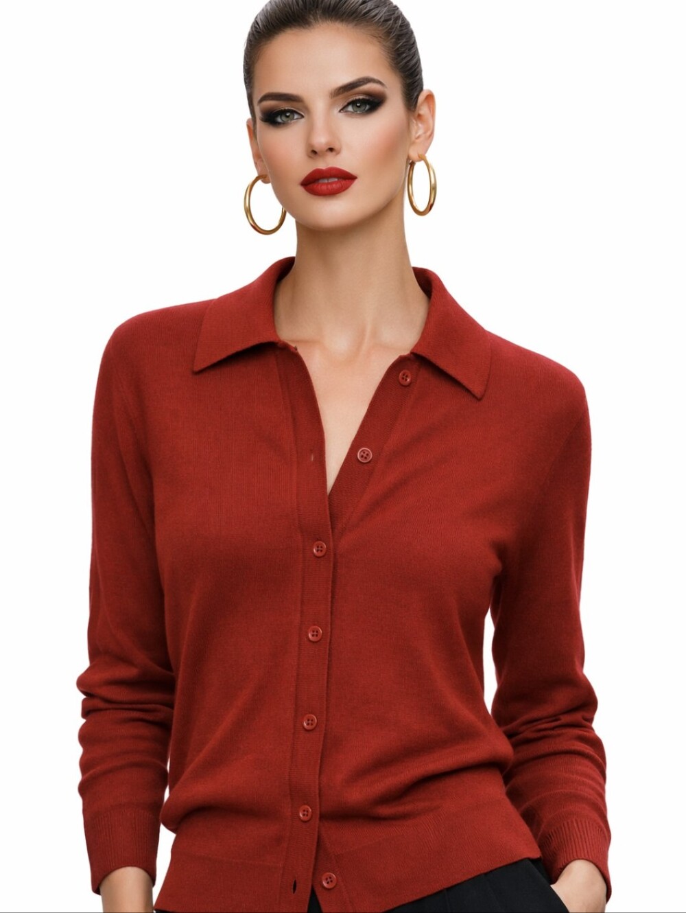 Vintage Deep Red Collared Cardigan Casual Layering Minimalist Size Small